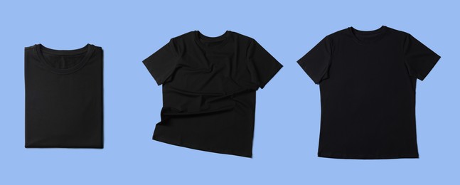 Image of Blank black t-shirts on light blue background, collage. Mockup for design