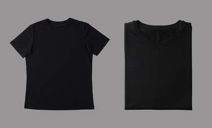 Image of Blank black t-shirts on grey background, collage. Mockup for design