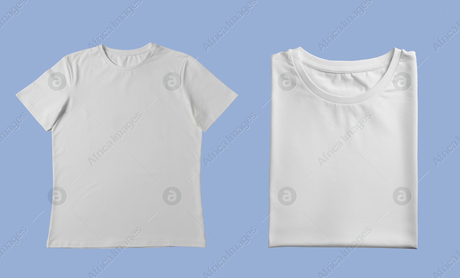 Image of Blank white t-shirts on light blue background, collage. Mockup for design