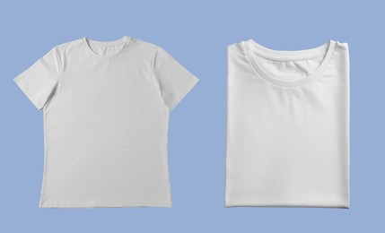 Image of Blank white t-shirts on light blue background, collage. Mockup for design