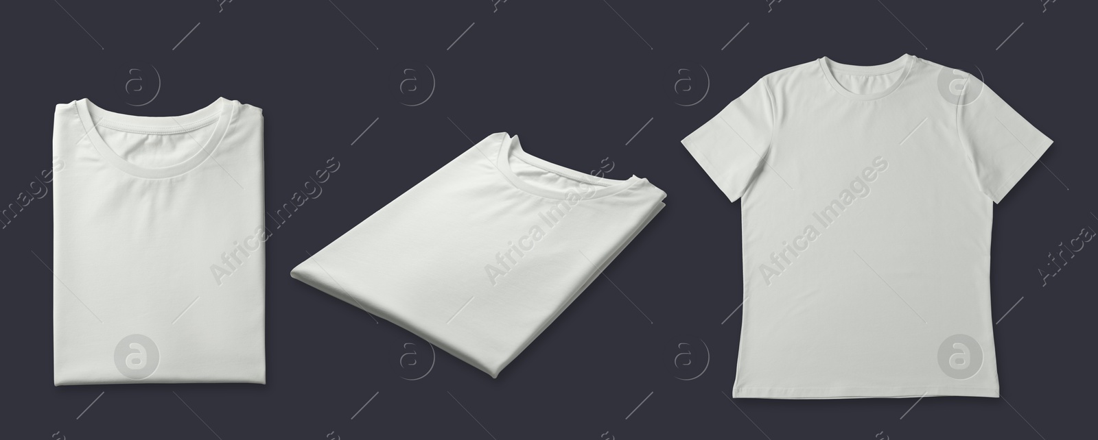 Image of Blank white t-shirts on dark grey background, collage. Mockup for design