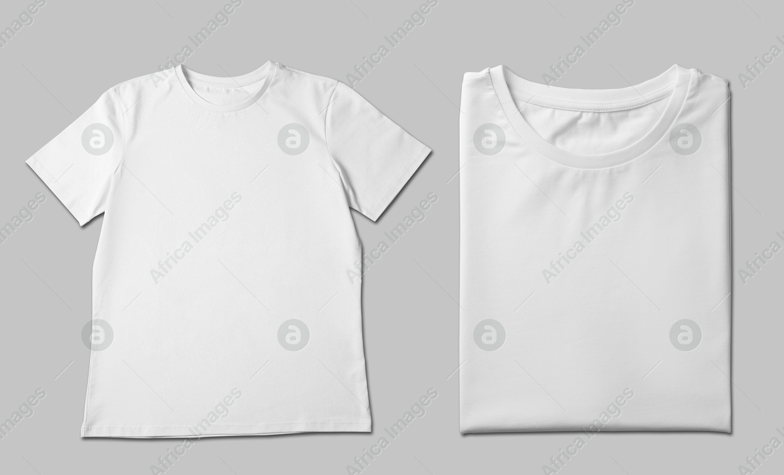 Image of Blank white t-shirts on light grey background, collage. Mockup for design