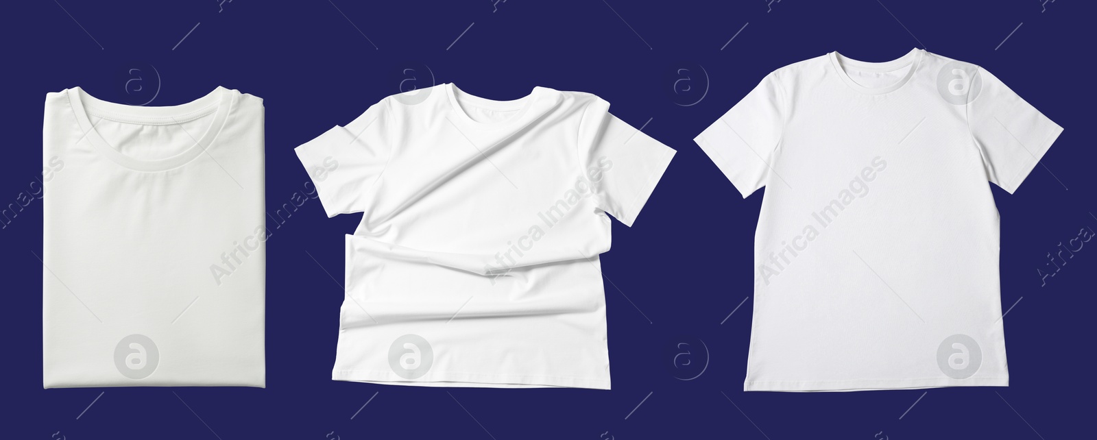 Image of Blank white t-shirts on blue background, collage. Mockup for design