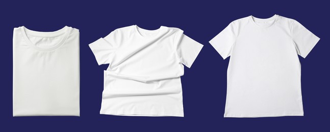 Blank white t-shirts on blue background, collage. Mockup for design