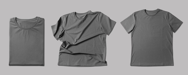 Image of Blank grey t-shirts on light grey background, collage. Mockup for design