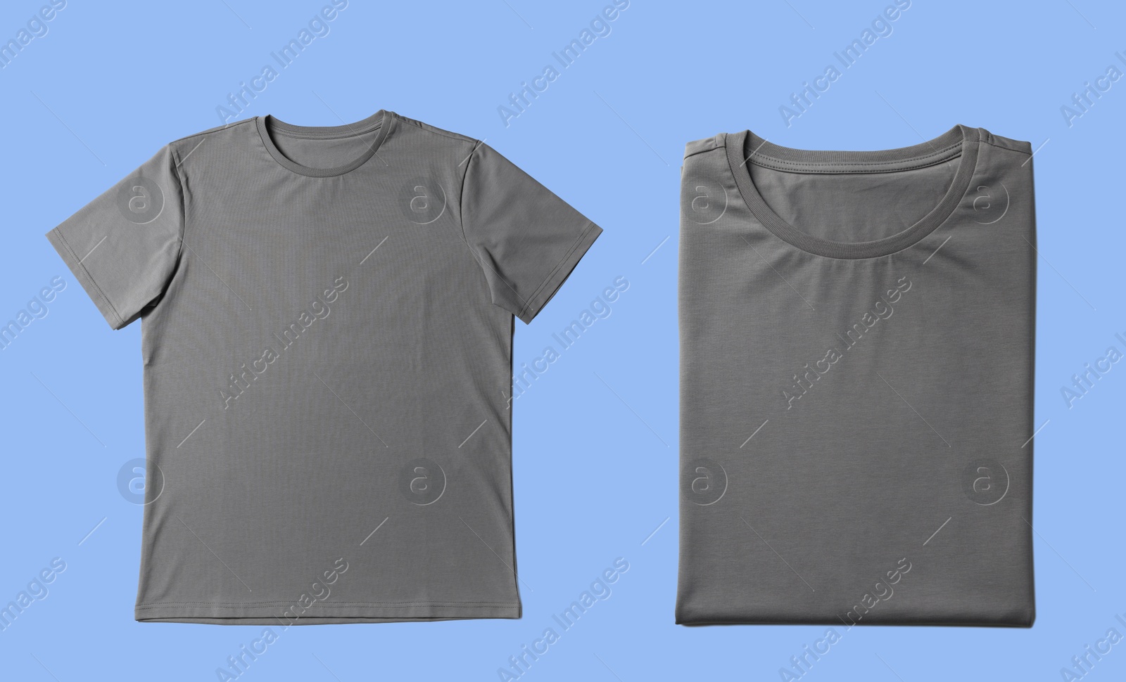 Image of Blank grey t-shirts on light blue background, collage. Mockup for design