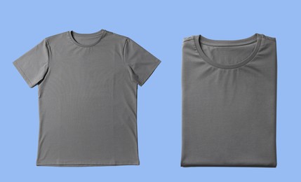 Image of Blank grey t-shirts on light blue background, collage. Mockup for design