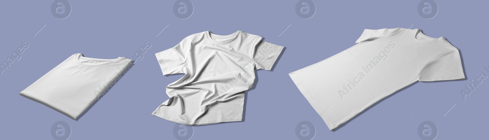 Image of Blank white t-shirts on grey blue background, collage. Mockup for design