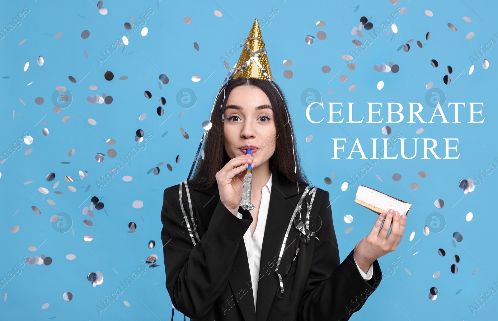 Image of Celebrate failure. Businesswoman in party hat with blower and piece of cake under flying confetti on light blue background