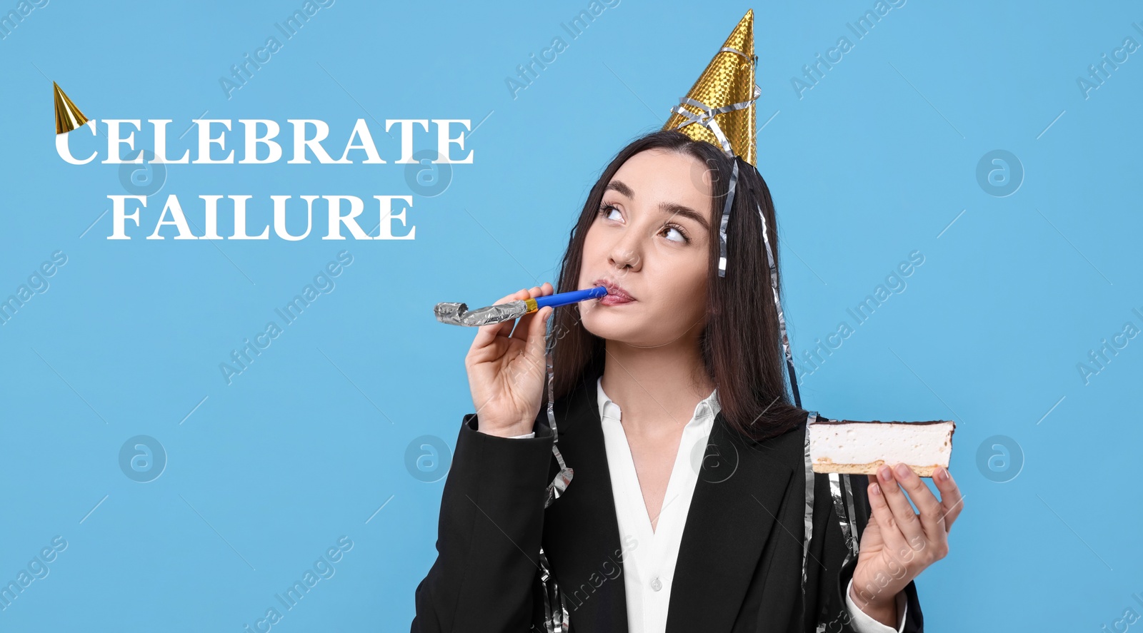 Image of Celebrate failure. Businesswoman in party hat with blower and piece of cake on light blue background. Banner design