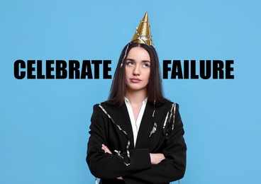 Image of Celebrate failure. Disgruntled businesswoman in party on light blue background