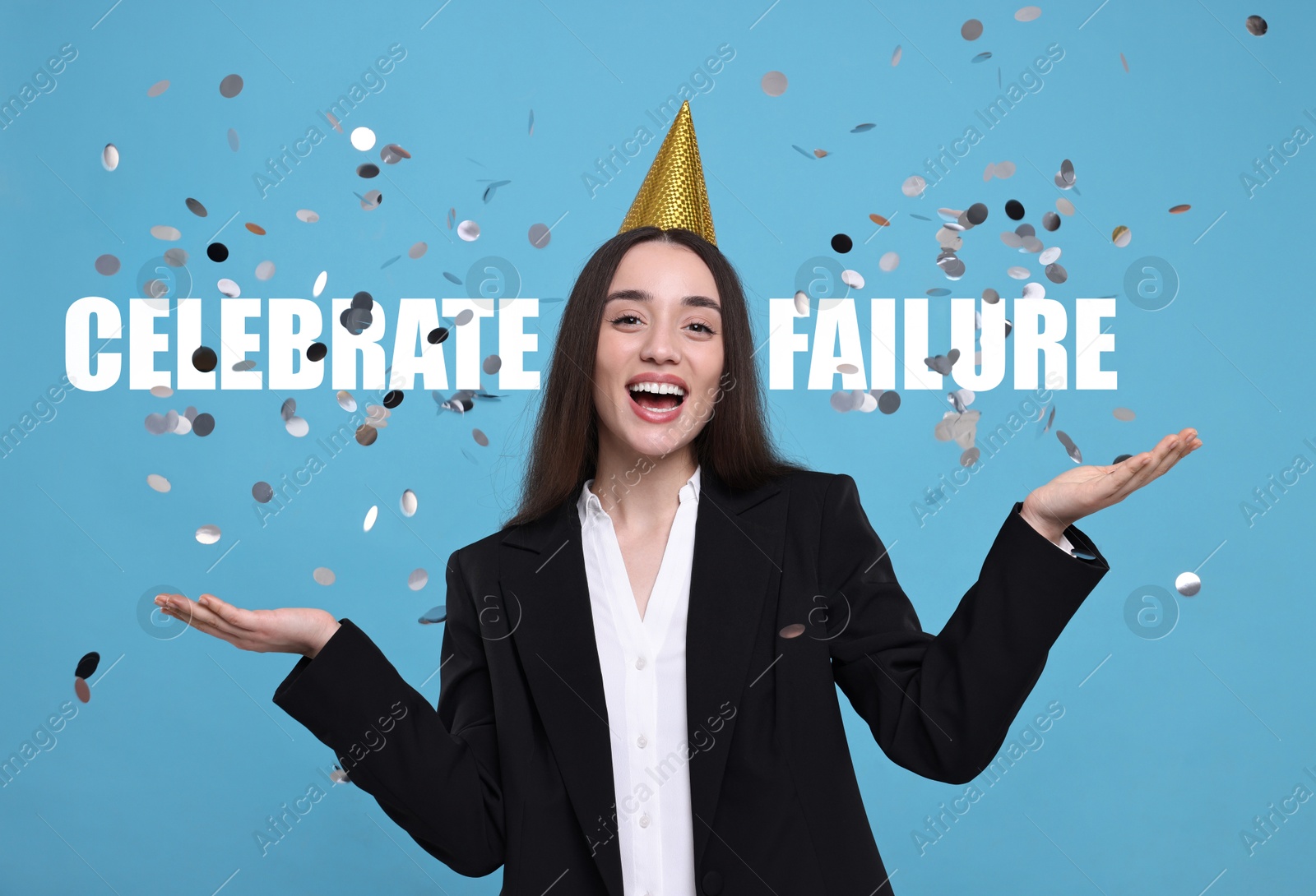 Image of Celebrate failure. Happy businesswoman in party hat under flying confetti on light blue background