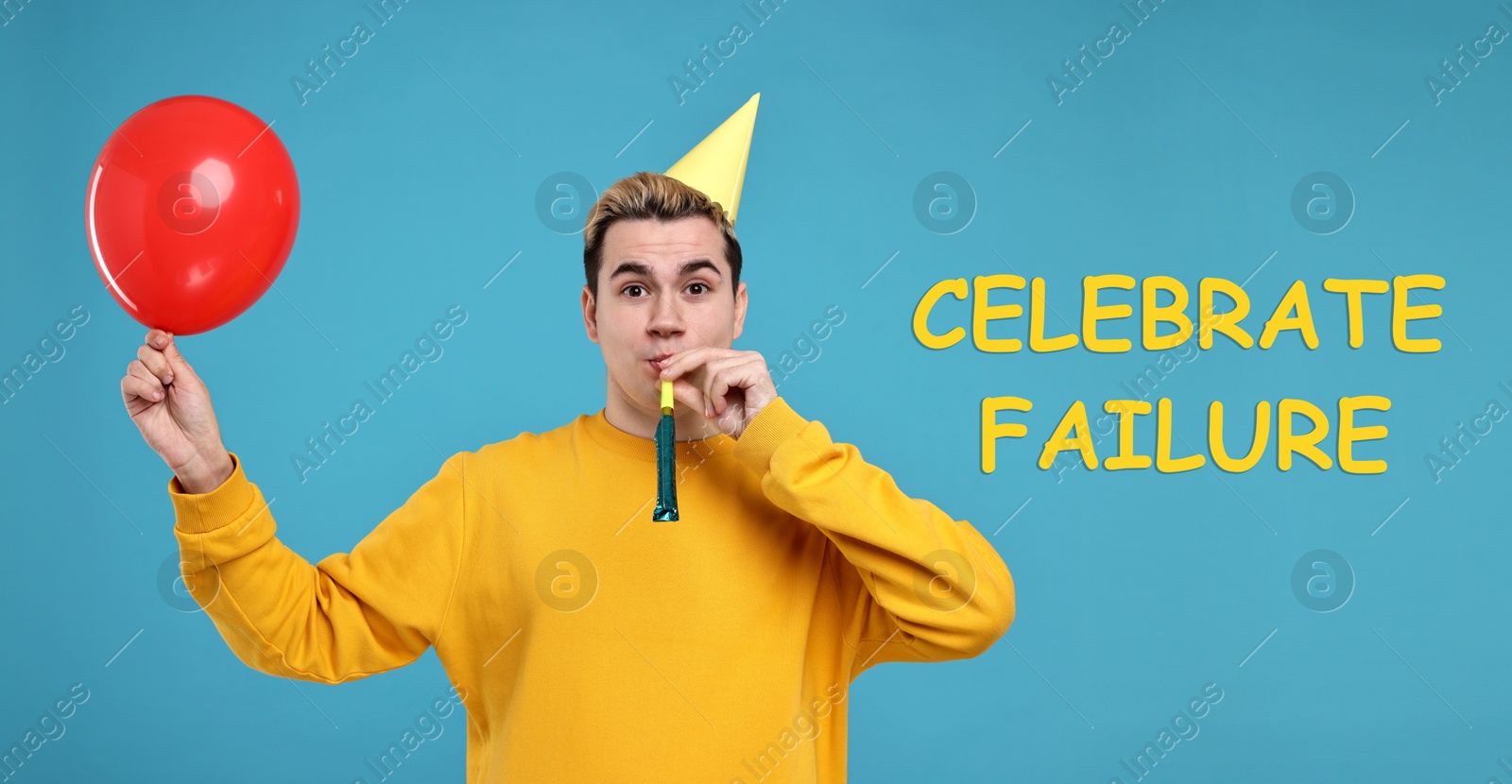 Image of Celebrate failure. Young man with party hat, blower and balloon on light blue background. Banner design