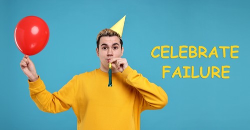 Image of Celebrate failure. Young man with party hat, blower and balloon on light blue background. Banner design