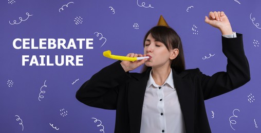 Image of Celebrate failure. Businesswoman in party hat with blower on violet background. Banner design