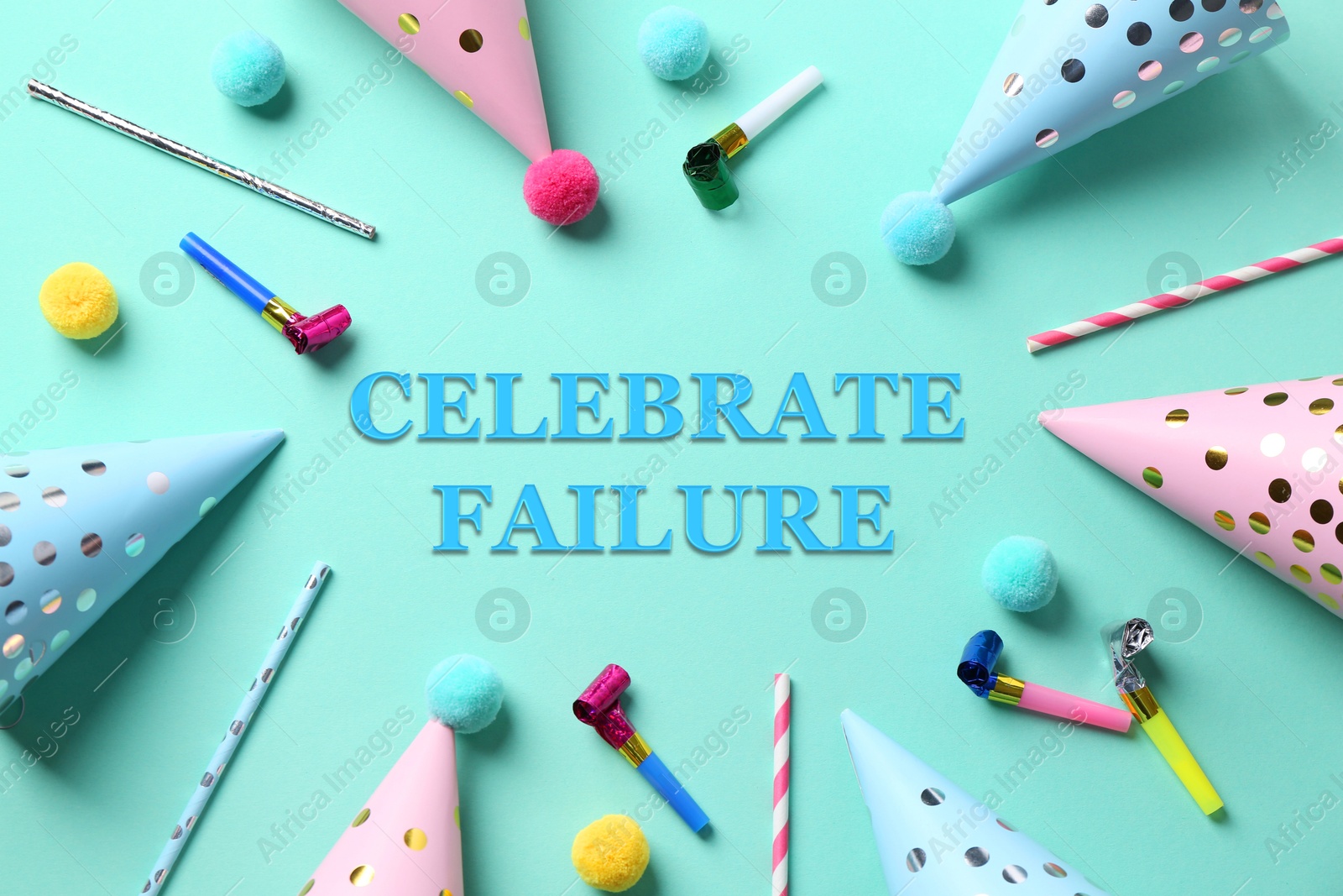 Image of Celebrate failure. Party hats and blowers on turquoise background, flat lay