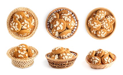 Image of Yummy nut cookies with almond petals isolated on white, collage. Top and side views