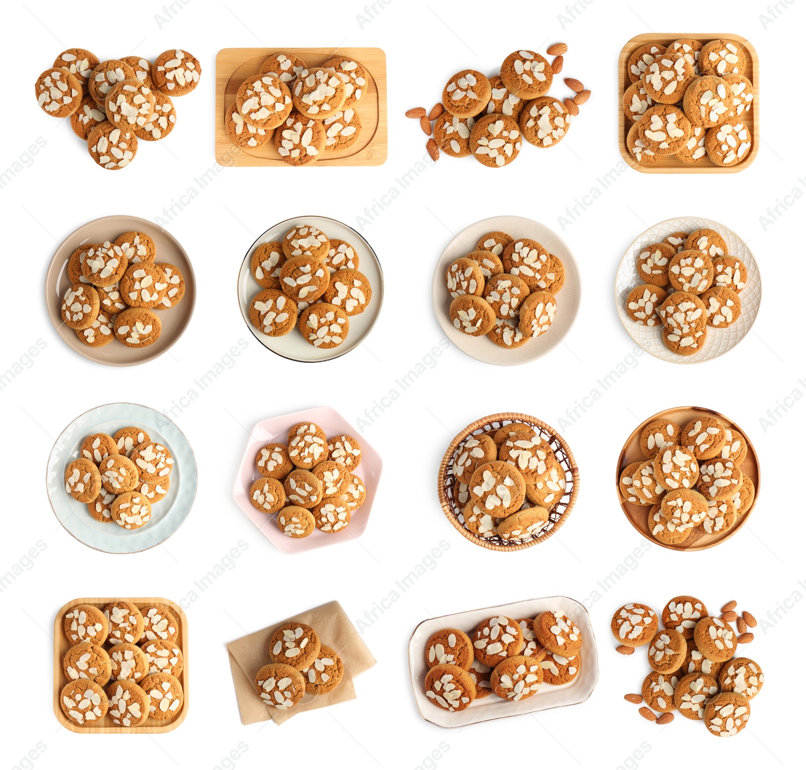 Image of Yummy nut cookies with almond petals isolated on white, set. Top view