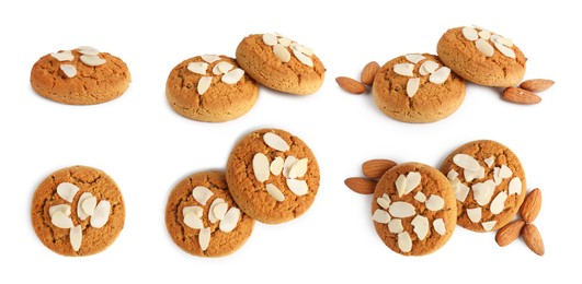 Image of Yummy nut cookies with almond petals isolated on white, collage. Top and side views