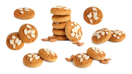 Image of Yummy nut cookies with almond petals isolated on white, collage