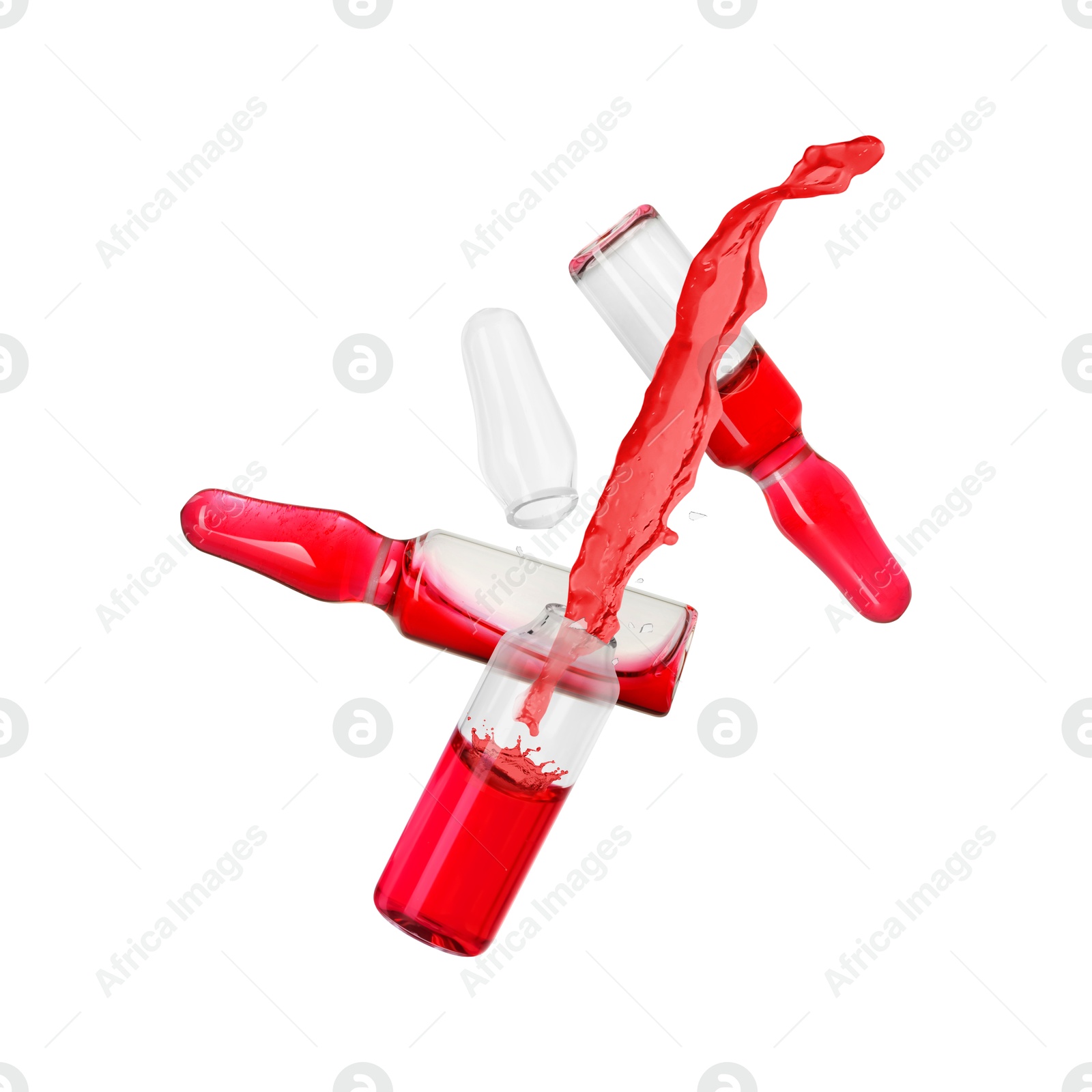 Image of Ampoules and one open with splashing liquid in air on white background