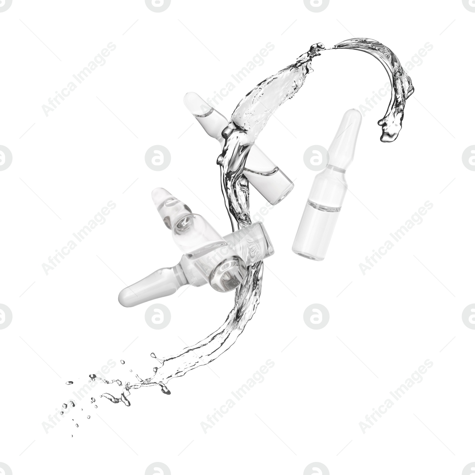 Image of Ampoules and splash of liquid in air on white background