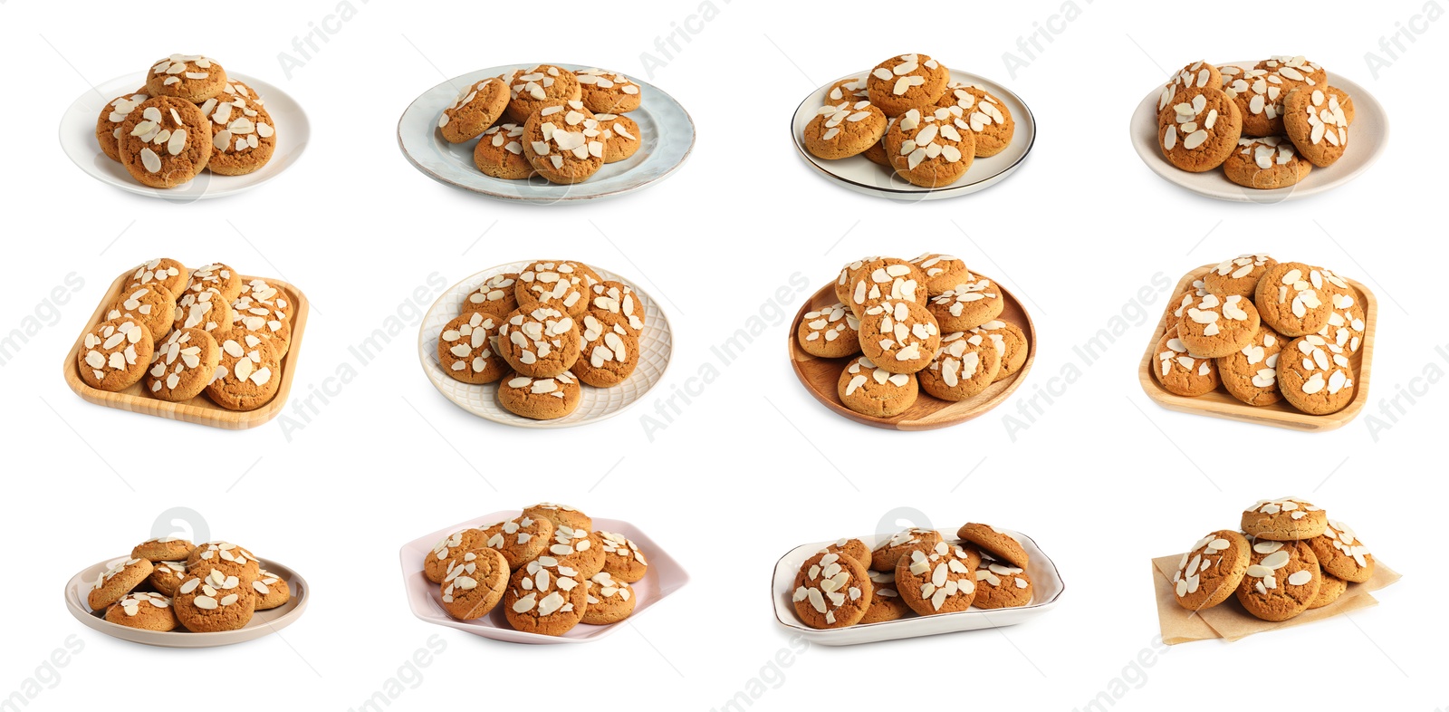 Image of Yummy nut cookies with almond petals isolated on white, collage