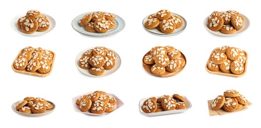 Image of Yummy nut cookies with almond petals isolated on white, collage