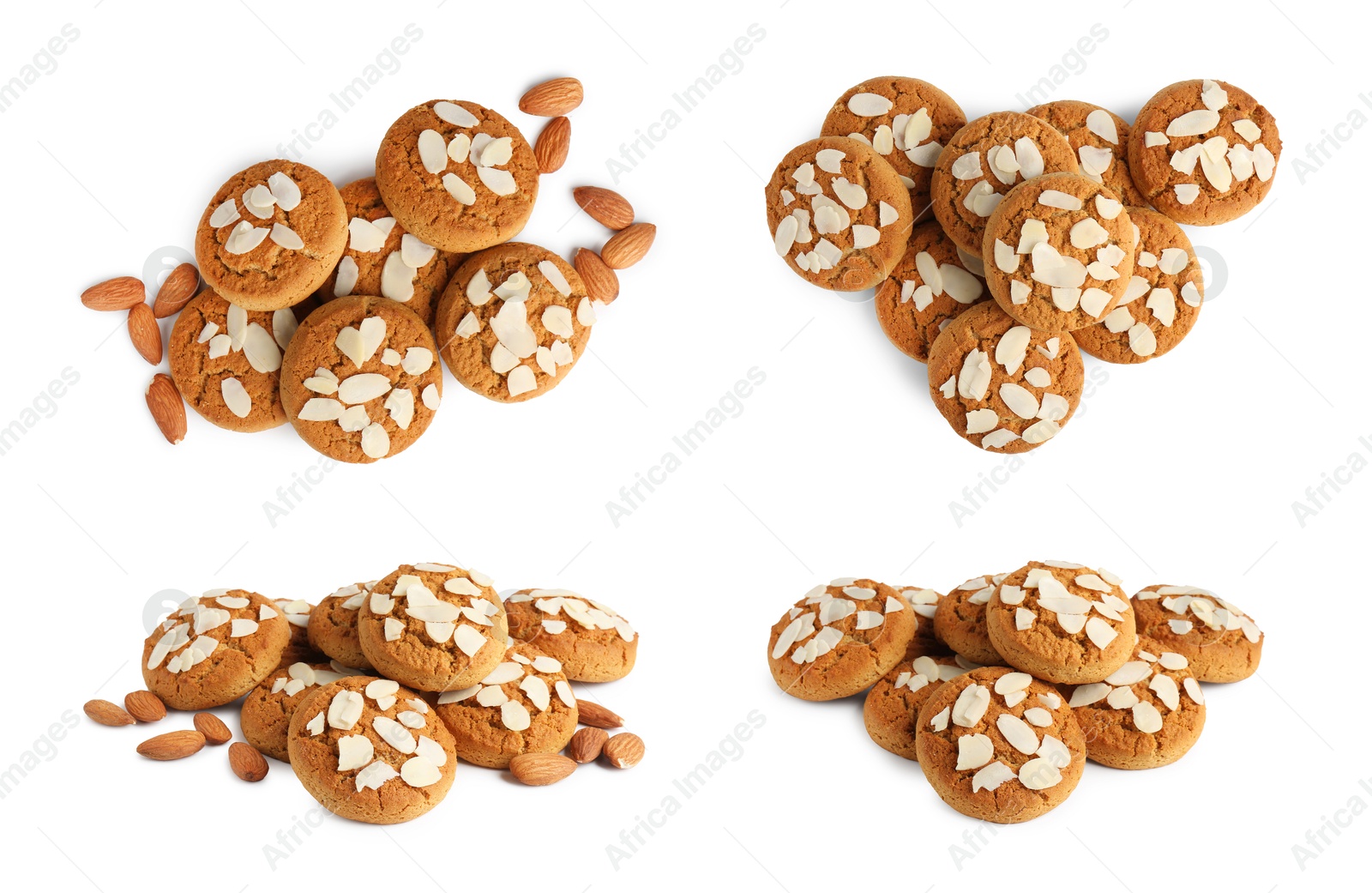 Image of Yummy nut cookies with almond petals isolated on white, collage. Top and side views