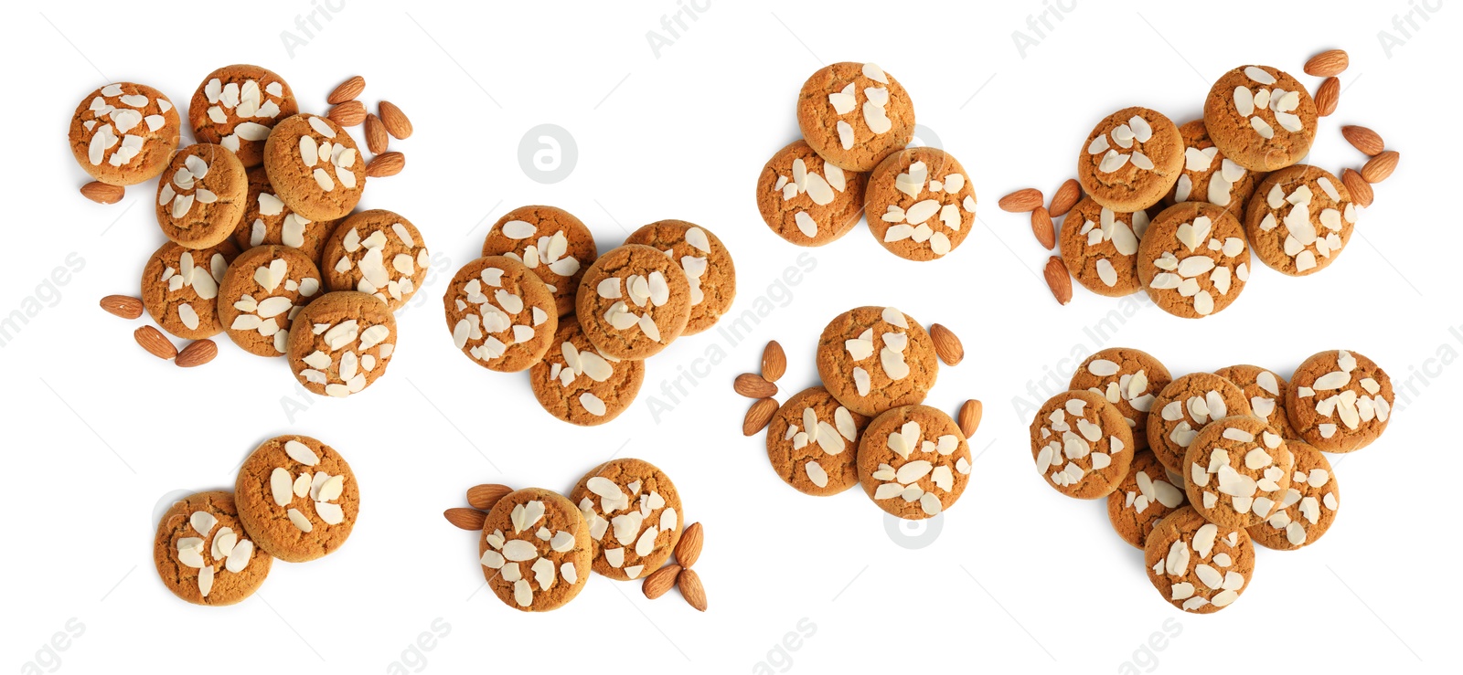 Image of Yummy nut cookies with almond petals isolated on white, set. Top view