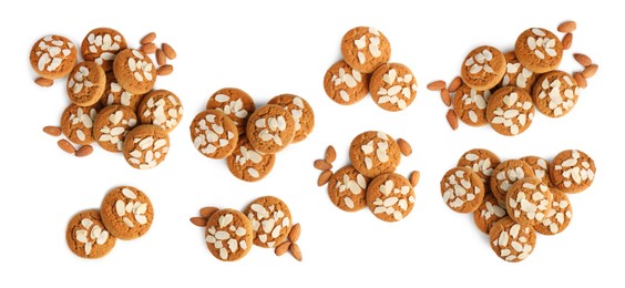 Image of Yummy nut cookies with almond petals isolated on white, set. Top view