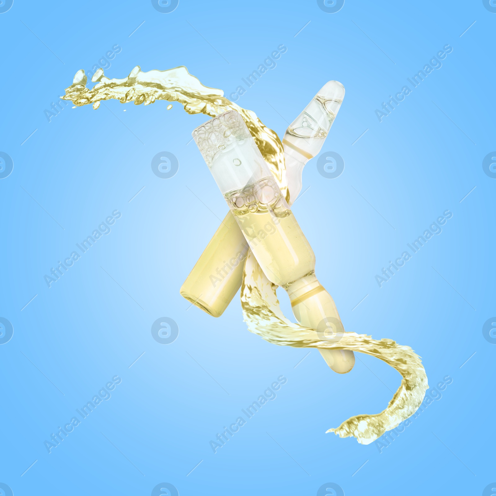 Image of Ampoules and splash of liquid in air on light blue background