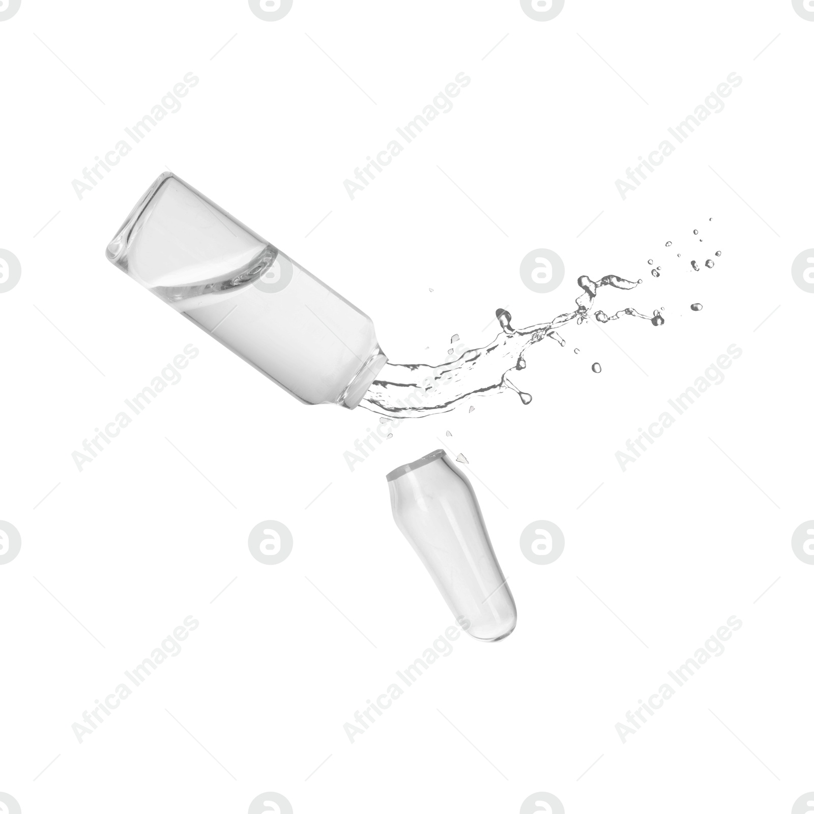 Image of Open ampoule with splashing liquid in air on white background