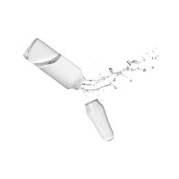 Image of Open ampoule with splashing liquid in air on white background