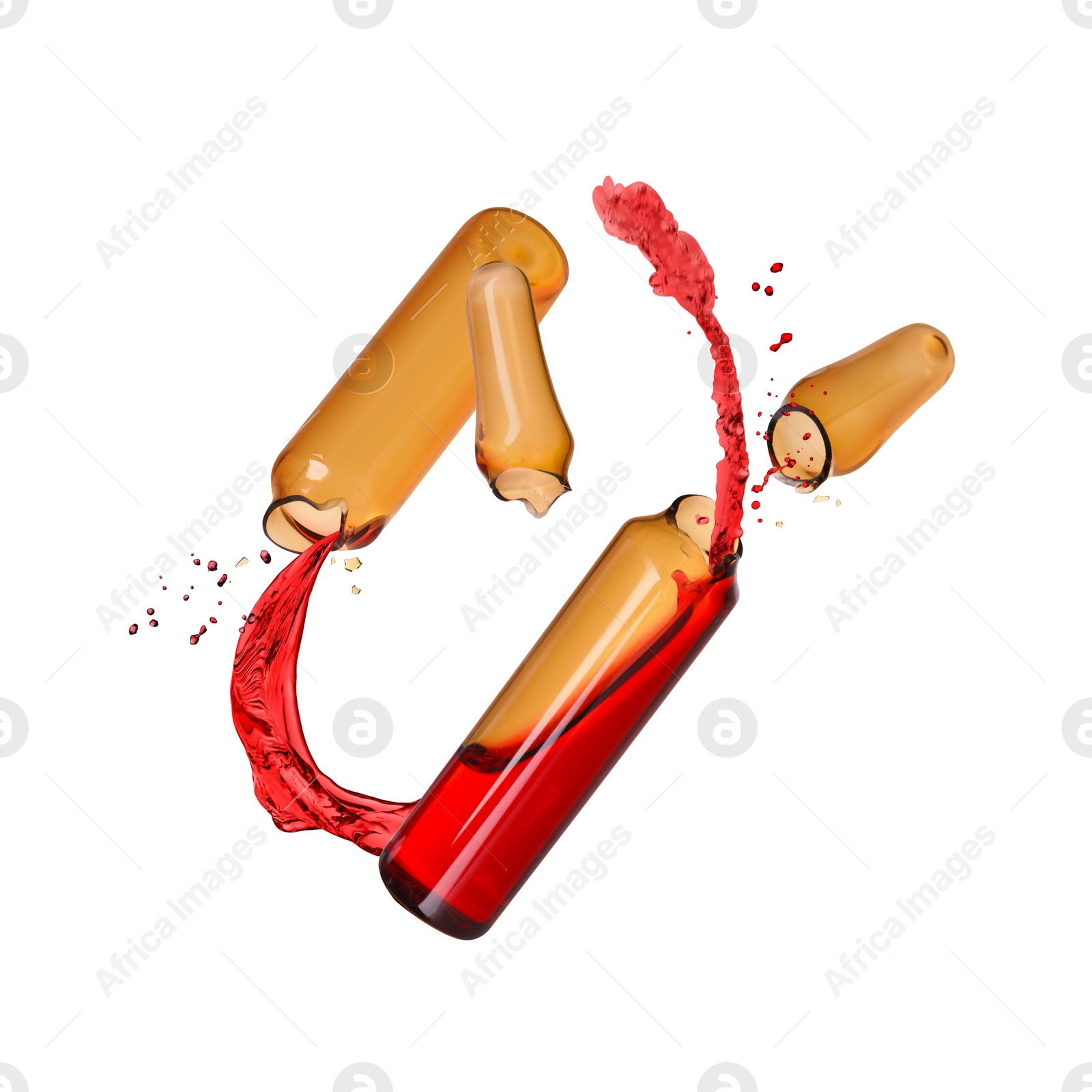 Image of Open ampoules with splashing liquid in air on white background