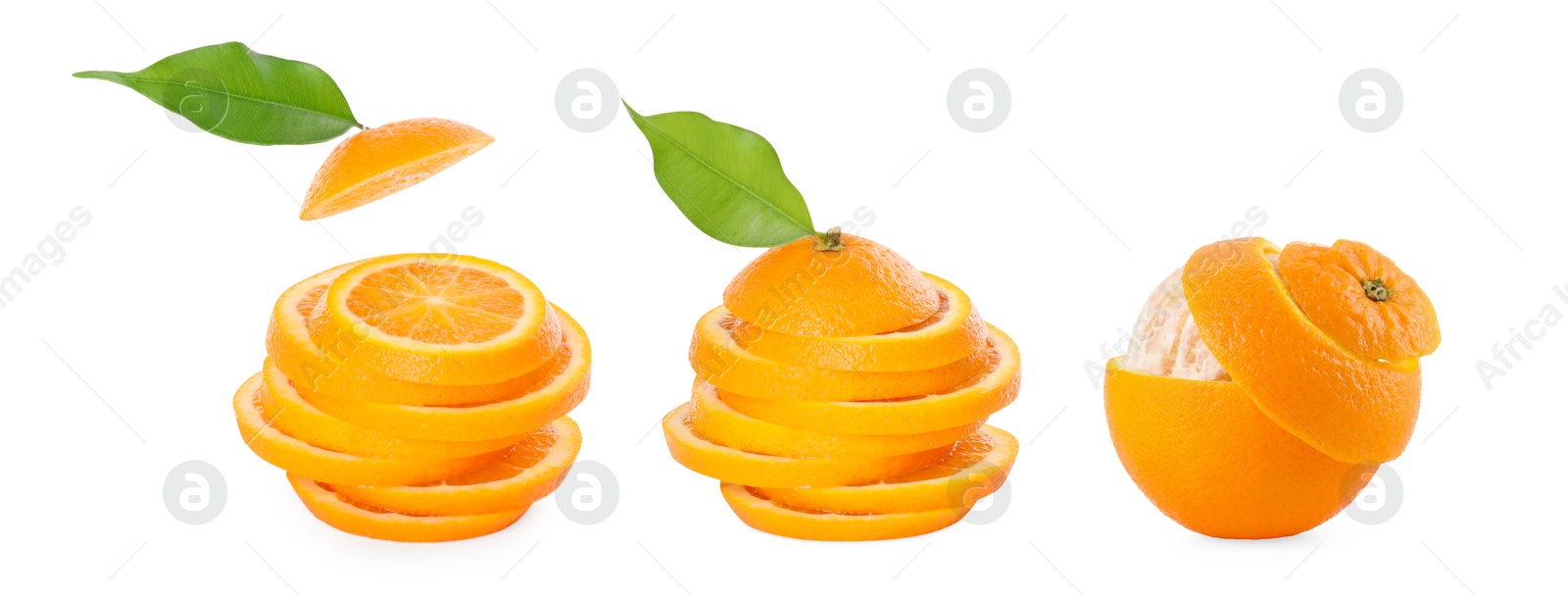 Image of Sliced and peeled oranges isolated on white, collage