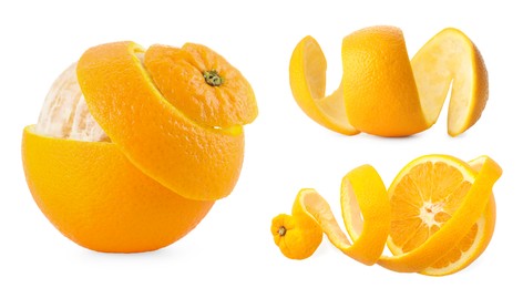 Image of Fresh oranges and peels isolated on white, collage