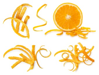 Image of Fresh orange and peels isolated on white, collage