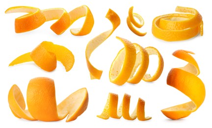 Image of Twisted orange peels isolated on white, collage