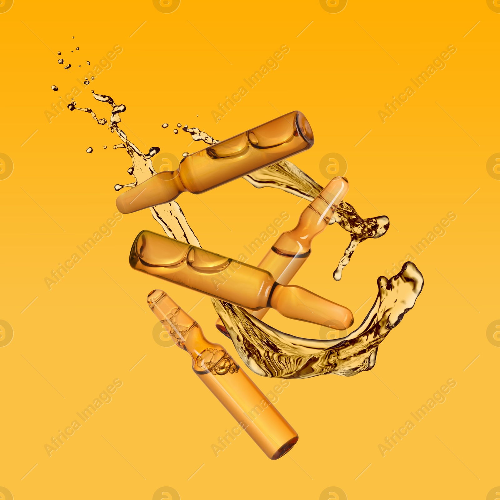 Image of Ampoules and splashing liquid in air on orange background