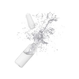 Image of Open ampoule with splashing liquid in air on white background