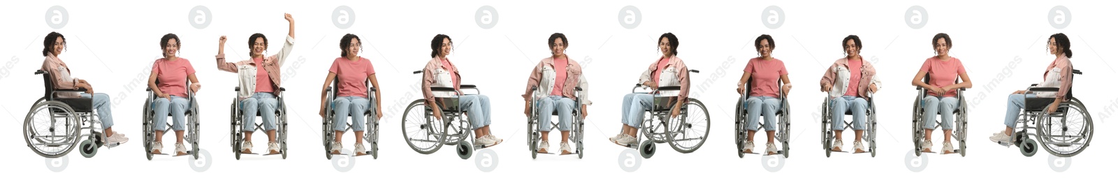 Image of Woman in wheelchair on white background, collage