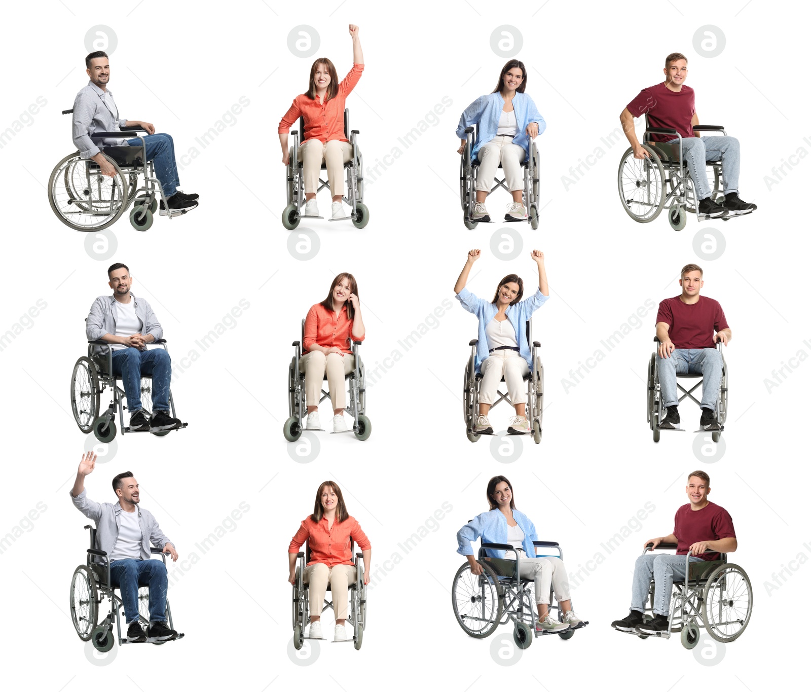 Image of Different people in wheelchair on white background, collage