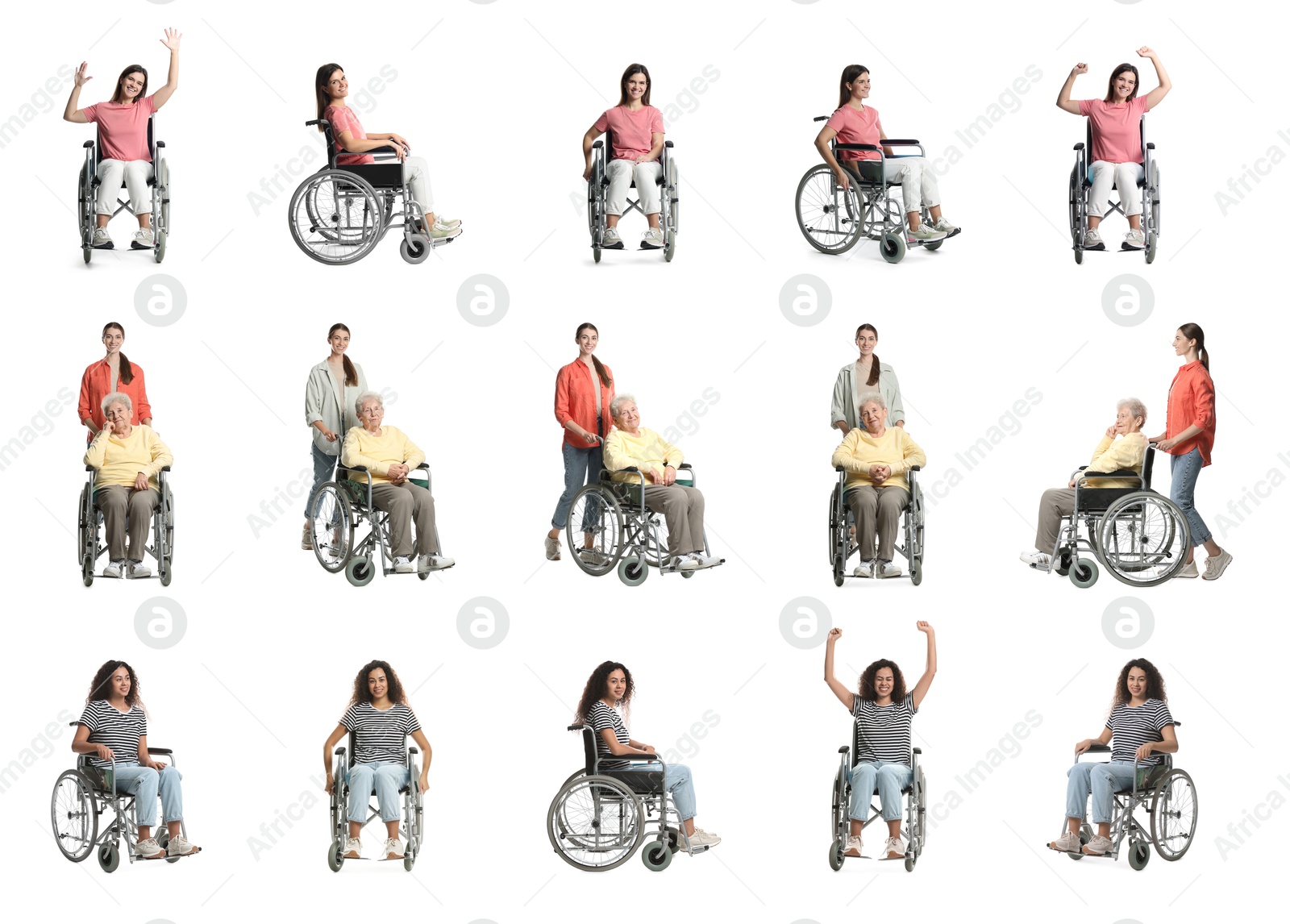 Image of Different people in wheelchair on white background, collage