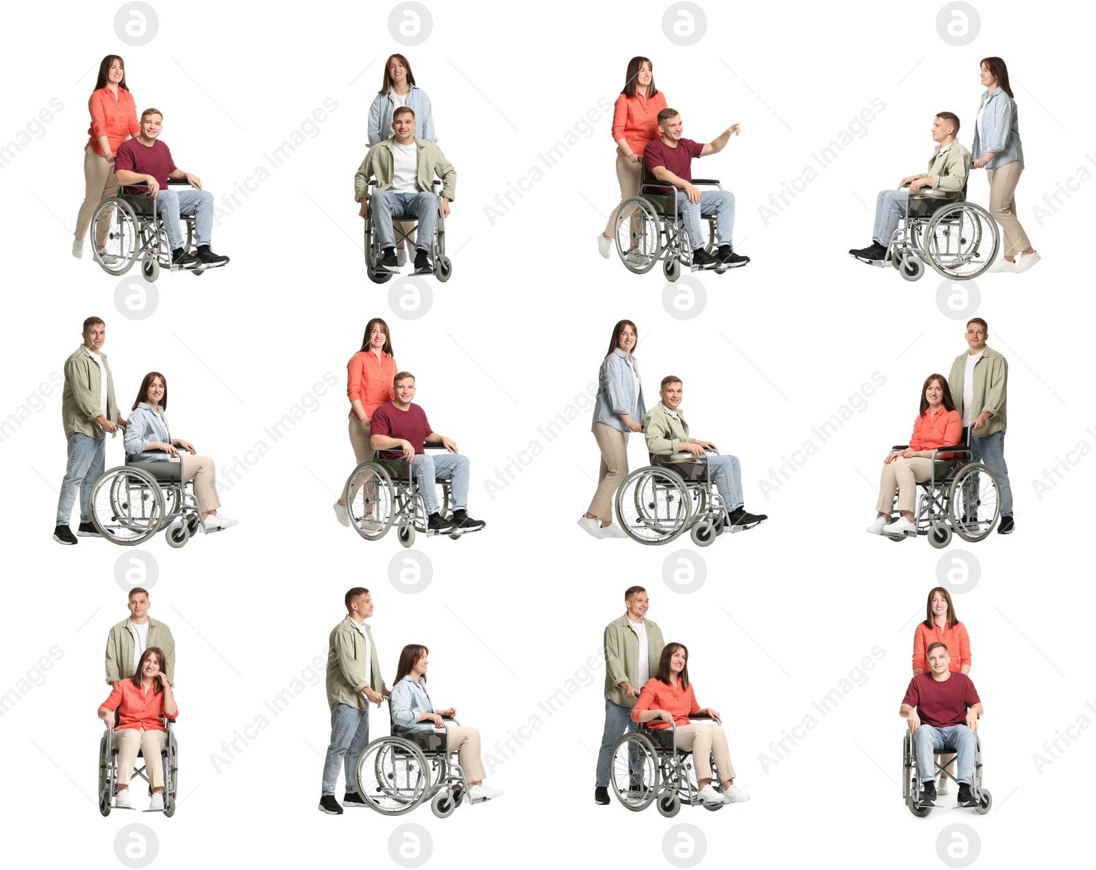 Image of Different people in wheelchair on white background, collage