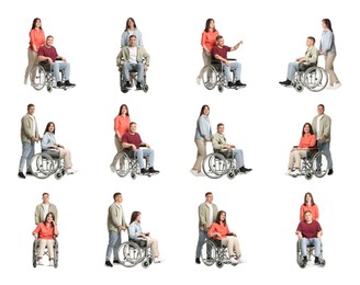 Image of Different people in wheelchair on white background, collage