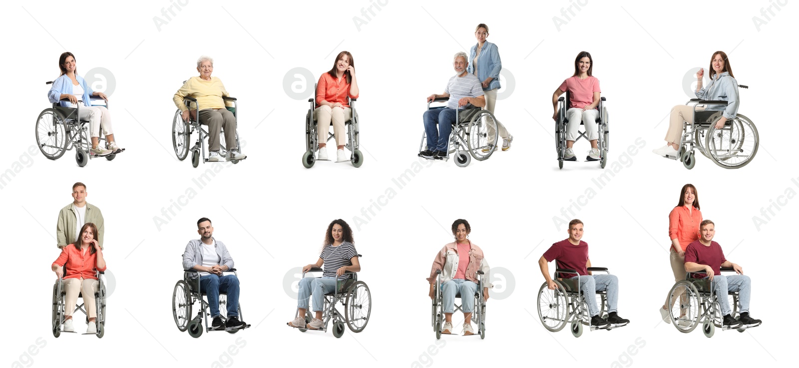 Image of Different people in wheelchair on white background, collage