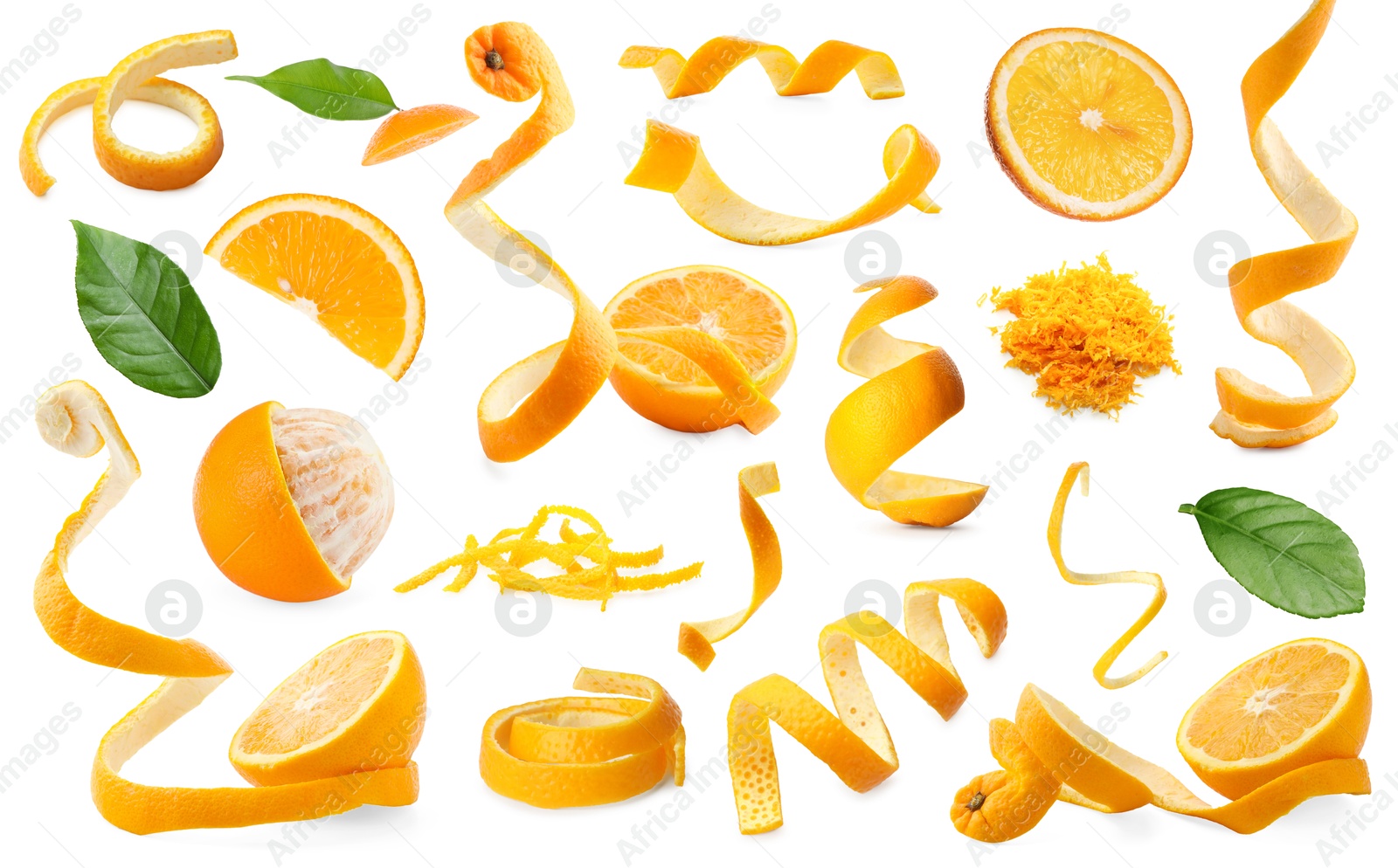 Image of Fresh oranges, peels, zest and green leaves isolated on white, collage