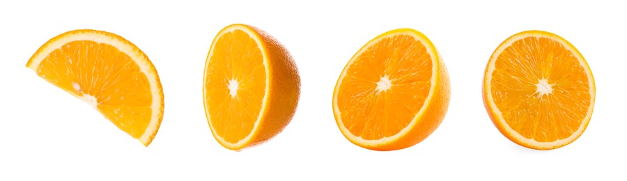 Image of Sliced juicy oranges isolated on white, set