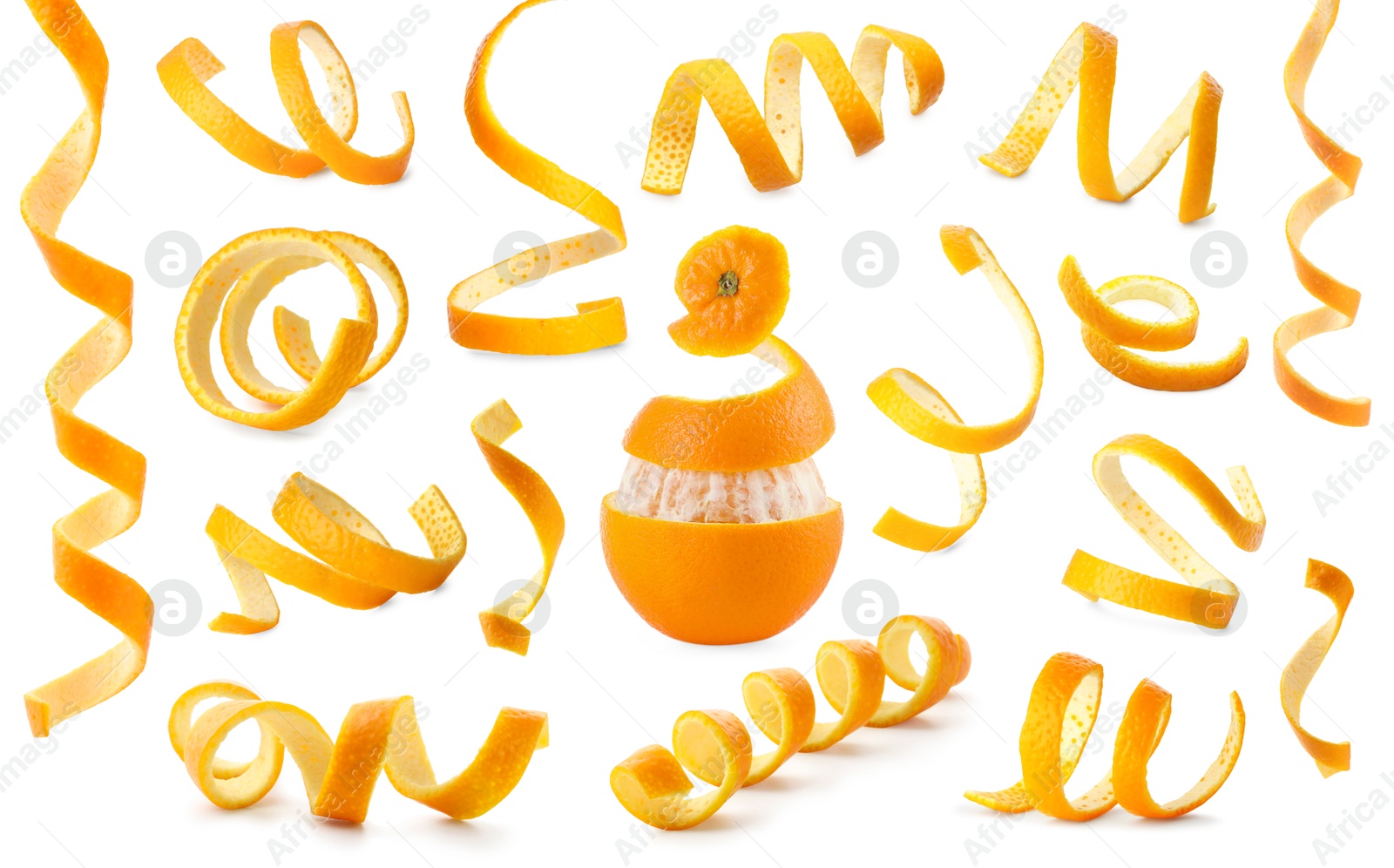 Image of Fresh juicy orange and peels isolated on white, collage